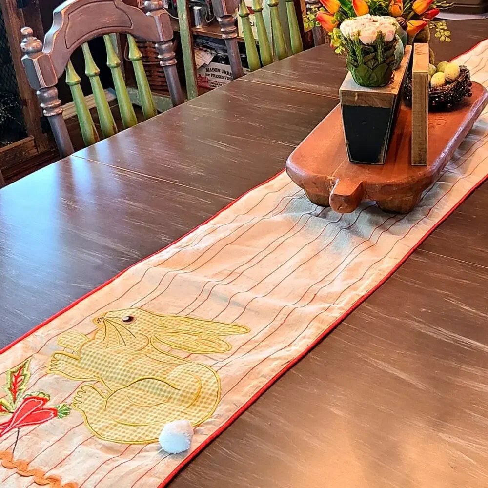Pier 1 Easter Bunny Table Runner Yellow Gingham Pom Tail Carrots 13x72